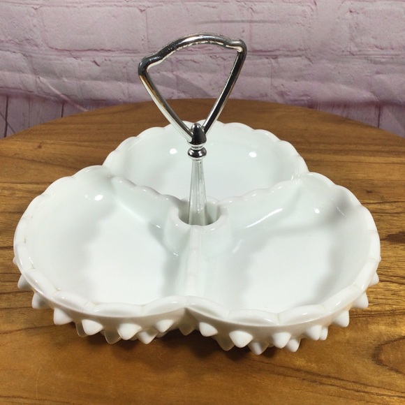 Vintage Fenton White Milk Glass Hobnail 3 Section Handled Condiment Dish